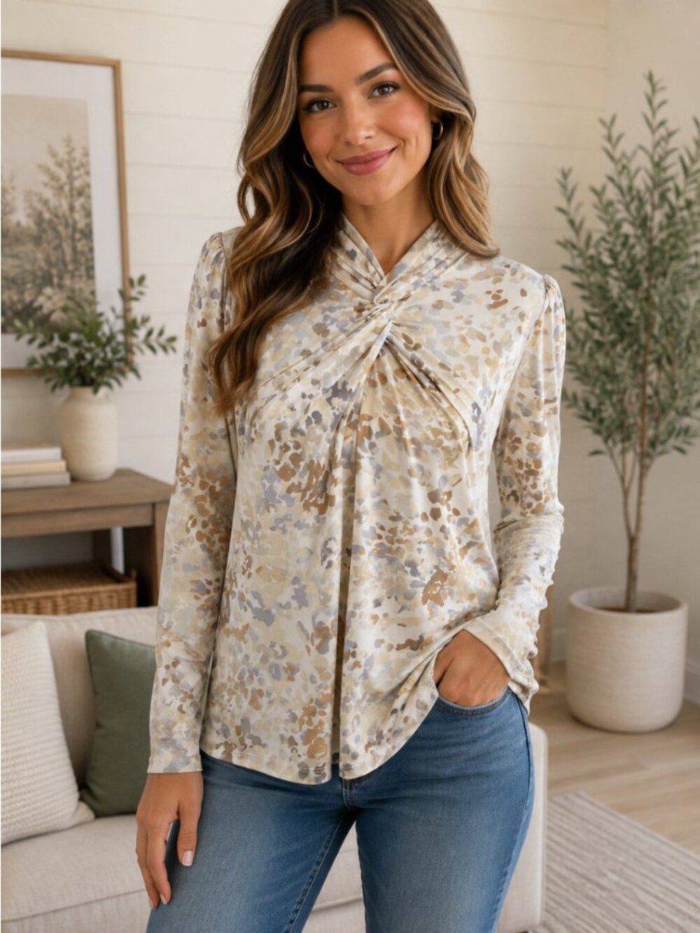 Susan Graver Womens XS Twisted Neck Long Sleeve Top Abstract Animal Print Beige